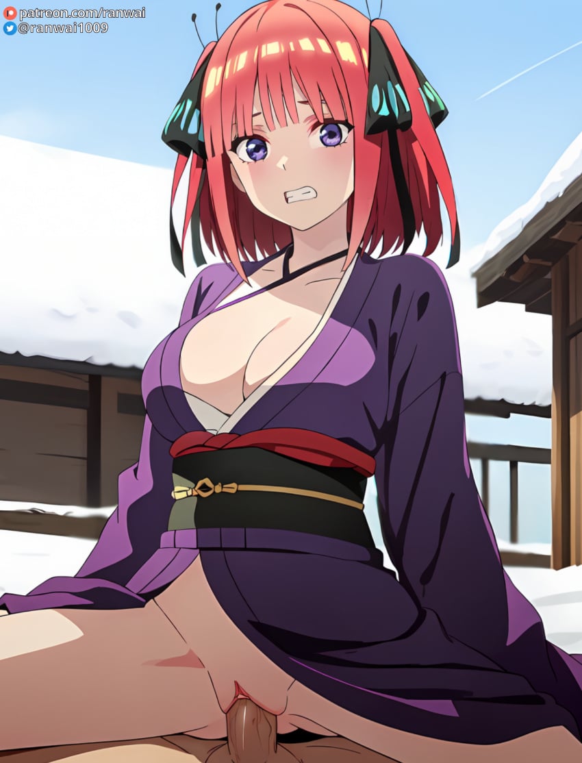 ai_generated anime blue_eyes clenched_teeth cowgirl_position go-toubun_no_hanayome kimono large_breasts nakano_nino quintuplets ranwai red_eyes sex stable_diffusion vaginal_penetration vaginal_sex