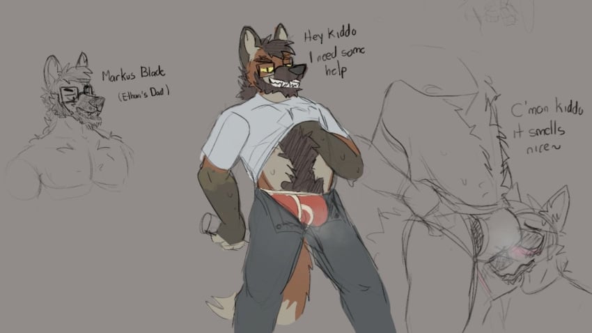 2022 age_difference anthro blush bottomwear brown_body brown_fur bulge canid canine clothing duo english_text ethan_blade ethan_forestfox eyewear facial_hair father_(lore) father_and_child_(lore) father_and_son_(lore) fur glasses incest_(lore) male male/male male_anthro mammal maned_wolf markus_blade musk older_male pants parent_(lore) parent_and_child_(lore) parent_and_son_(lore) red_clothing red_underwear shirt son_(lore) teeth_showing text topwear underwear younger_male