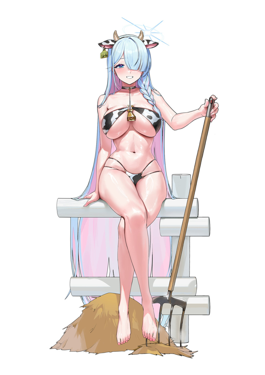 barefoot blue_archive blush cow_ears cow_girl cow_horns cow_print cow_print_bikini crossed_legs ear_tag fence fit fit_female general_student_council_(blue_archive) general_student_council_president_(blue_archive) hay haystack holding_pitchfork large_breasts pitchfork shiny_skin simple_background sitting_on_fence smile toes toned white_background