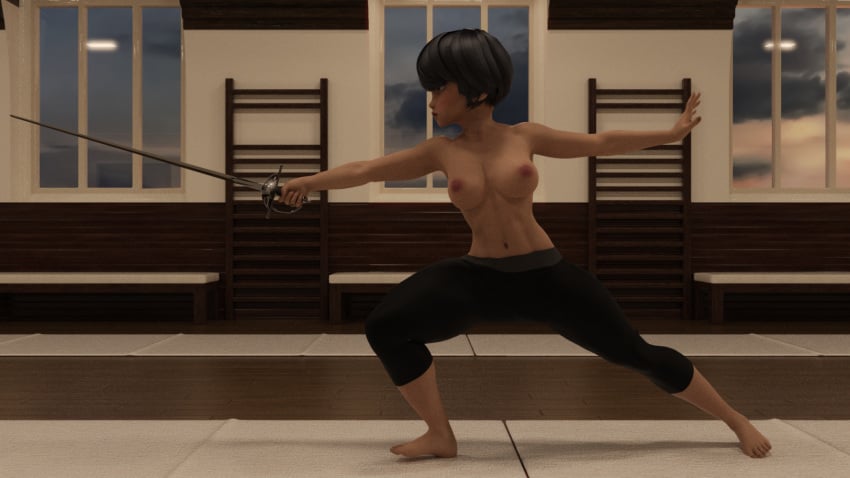 3d 3d_(artwork) daz_studio dragolord19d female fencing kagami_tsurugi miraculous_ladybug self_upload solo sword thrusting topless