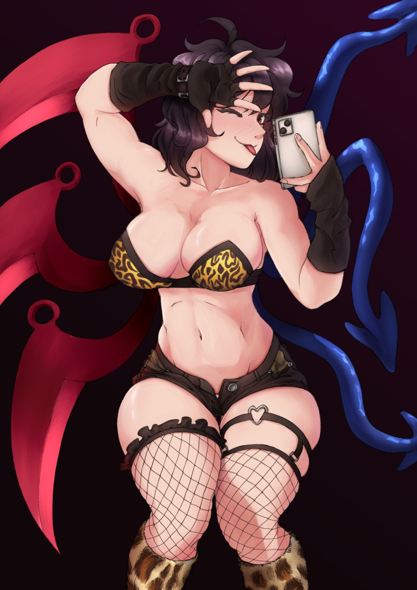 1girls 2d alien alien_girl alien_humanoid asymmetrical_wings bare_shoulders belly belly_button black_hair blush breasts cleavage female fishnet_thighhighs fur_boots gloves hips holding_object holding_phone jackyyeah looking_at_viewer medium_breasts nue_houjuu one_eye_closed phone red_eyes selfie selfie_pose short short_hair smile solo source standing thick_thighs thighs tiger_print tongue tongue_out touhou tubetop wide_hips wings youkai