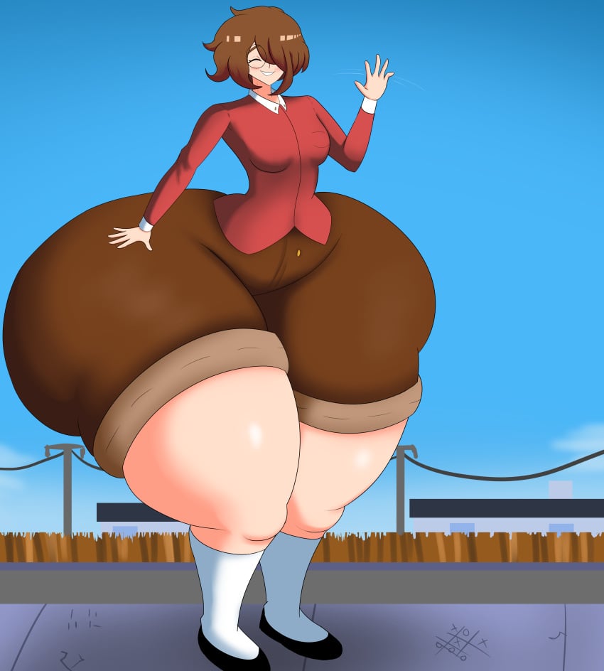 alternate_ass_size alternate_body_type art_trade ass ass_body ass_expansion ass_growth background big_ass big_female blush bottom_heavy breast_expansion brown_hair brown_shorts closed_eyes colored expansion fluffy_hair glasses growth hourglass_expansion hourglass_figure hyper hyper_ass hyper_butt imstupid13 larger_female looking_at_viewer marla_(jacegardener) mini_giantess oc red_shirt sequence shirt shoes short_hair shorts smile socks thick_thighs thighs_bigger_than_head thighs_bigger_than_torso uneven_growth wave waving_at_viewer wide_hips