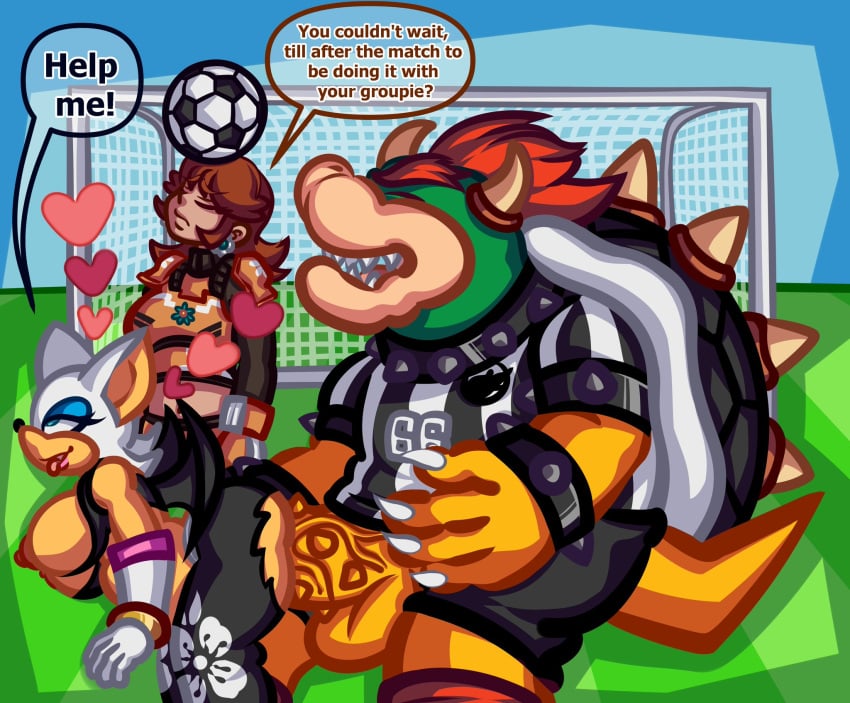 1boy 2girls ahegao annoyed annoyed_expression awadeuwum big_ass big_breasts big_penis bowser crossover dialogue dilf english_text female heart male mario_(series) mario_strikers multiple_girls nintendo outdoors princess_daisy rouge_the_bat sega soccer_ball soccer_uniform sonic_(series) sonic_the_hedgehog_(series) speech_bubble stomach_bulge text tongue tongue_out tummy_bulge watching watching_sex