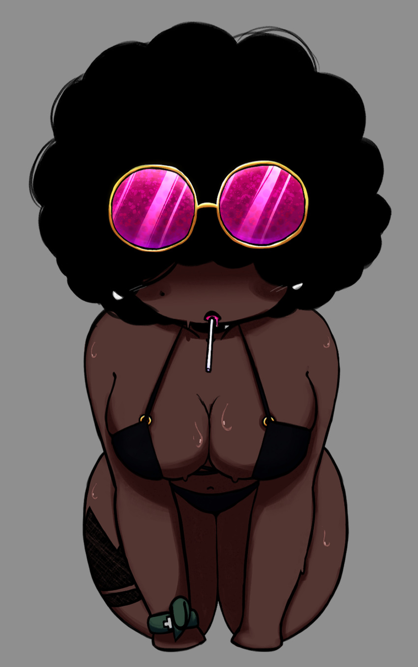 afro audra_(stormtm) bangs_over_eyes belly_button big_breasts black_hair blush blush_lines breasts brown_body cleavage cleavage_cutout dark-skinned_female dark_skin ear_piercing female lollipop stormtm sunglasses sunglasses_on_head swimsuits tagme tattoo tattoo_on_legs tattoo_on_thigh thick_thighs thighs wristband