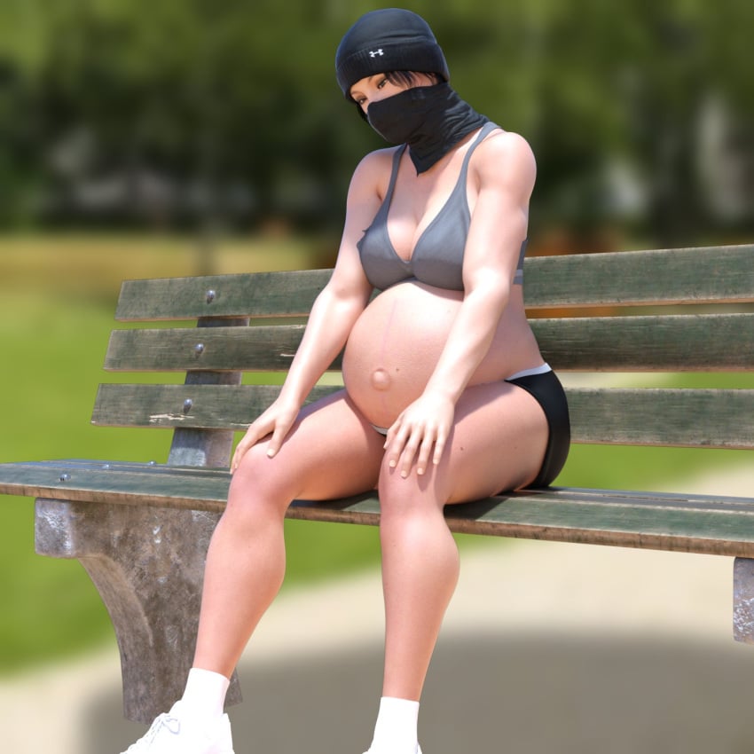 1girls 3d asian asian_female beanie belly bench big_belly big_breasts black_hair breasts breedingduties cleavage facemask female frost_(rainbow_six) outie_navel park pregnant public rainbow_six rainbow_six_siege short_hair solo solo_female sports_bra