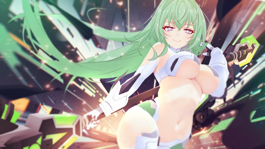 1girls big_breasts breasts busty curvy female female_only gloves green_hair green_heart half-closed_eyes highres large_breasts legs long_hair looking_at_viewer navel neptunia_(series) polearm ponytail purple_eyes seductive_look seductive_smile smile solo spear thick_thighs thighs underboob vert weapon