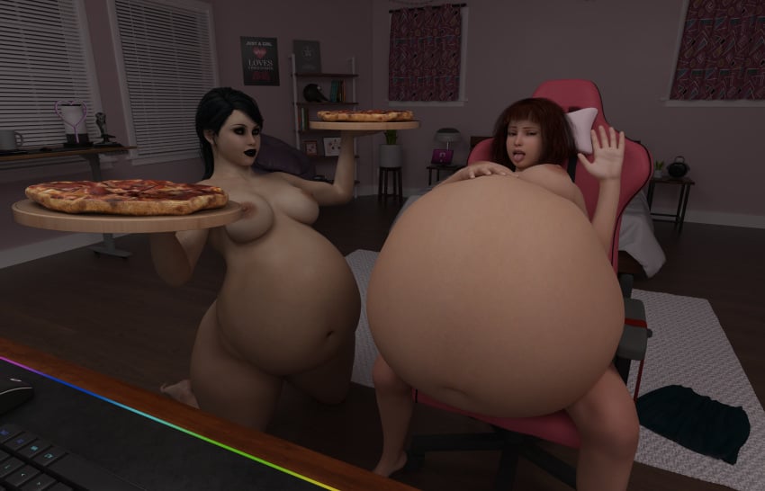 2girls 3d belly belly_expansion belly_inflation belly_stuffing big_belly big_breasts bloated bloated_belly breasts expansion feederism female food gamer_chair gamer_girl huge_belly inflation nipples pizza stuffed_belly stuffing thatonebluedevil