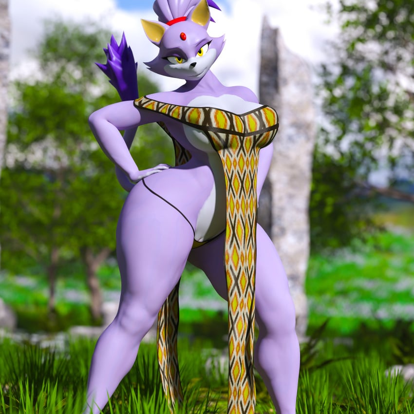 absurd_res aged_up anthro blaze_the_cat bludergat99 clothed clothing curvy_figure dress felid feline female genitals hand_on_hip hi_res huge_filesize looking_at_viewer male mammal purple_body pussy sega skimpy solo sonic_(series) sonic_the_hedgehog_(series) thick_thighs voluptuous wide_hips