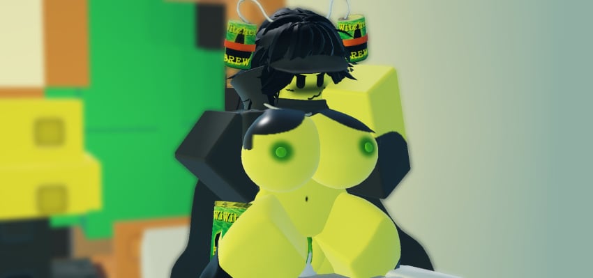 >:3 1girls 3d :3 bed binge_brew_battler_(the_battle_bricks) black_hair blush breasts brew_battler_(the_battle_bricks) cape green_body green_nipples grey_body hat light_green_body naughty_face navel nipples roblox roblox_game robloxian self_upload sex soda soda_can the_battle_bricks underboob witch wompwompsad