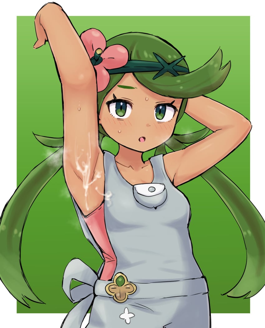 :o arm_up armpits blush border breath collarbone commentary_request cum cum_on_armpit eyelashes female flower green_background green_eyes green_hair grey_overalls hair_flower hair_ornament hand_up highres kutabireta_neko long_hair looking_at_viewer mallow_(pokemon) open_mouth outside_border overalls pink_flower pink_shirt pokemon pokemon_sm presenting_armpit shirt small_breasts solo sweat swept_bangs twintails white_border