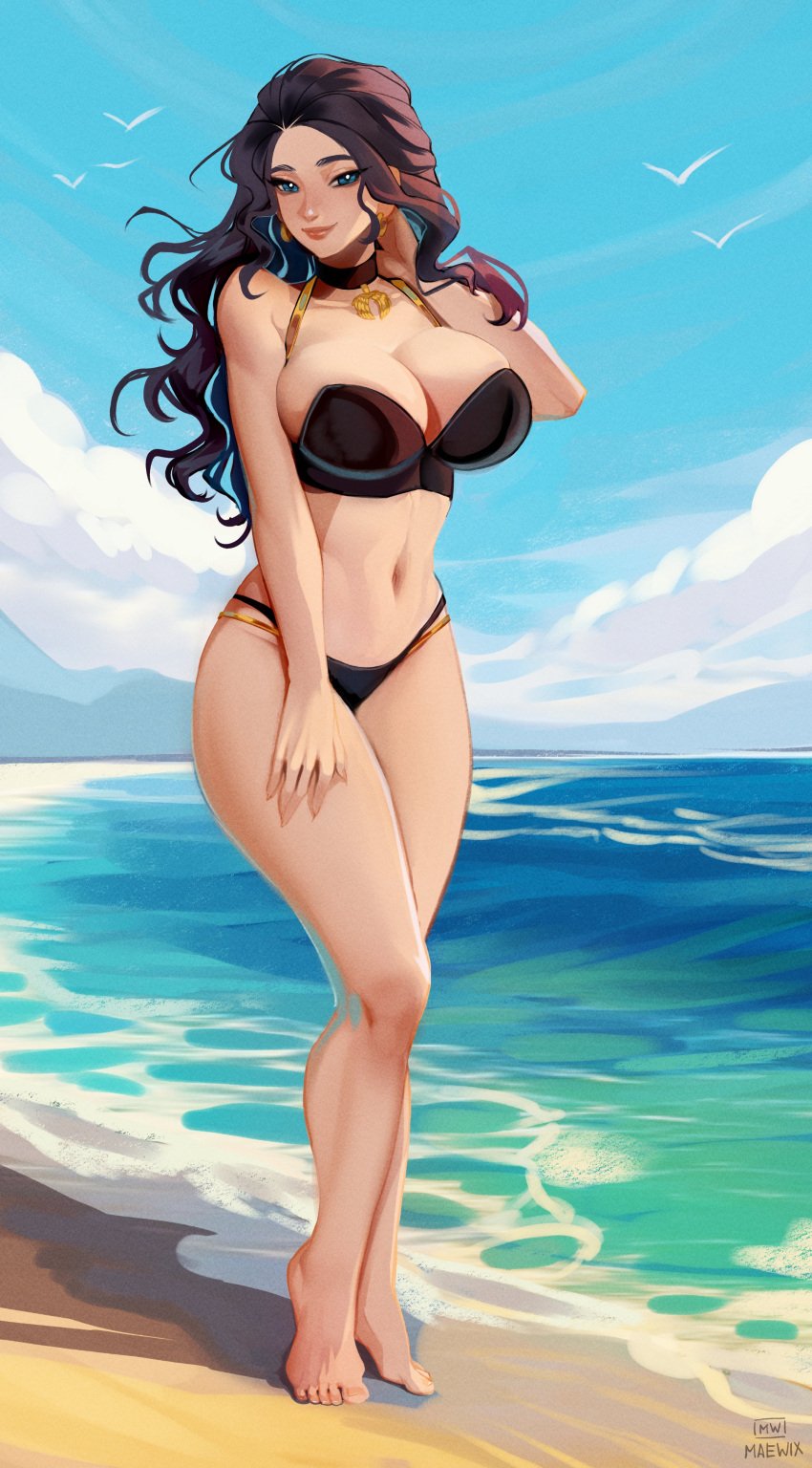 1girls absurd_res beach big_breasts bikini black_hair blue_eyes detailed_background female female_only full_body long_hair looking_at_viewer maewix1 seaside smiling smiling_at_viewer solo