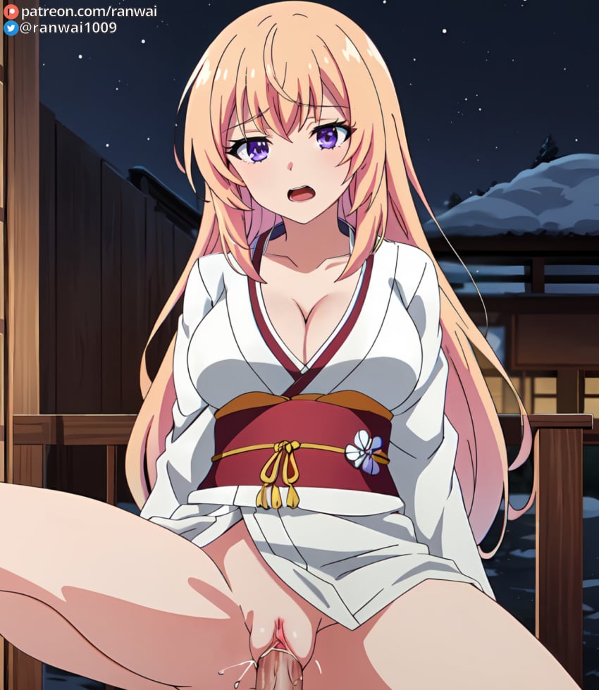 ai_generated anime blonde_hair classroom_of_the_elite cowgirl_position ichinose_honami_(cote) kimono penis purple_eyes ranwai sex stable_diffusion vaginal_penetration vaginal_sex youkoso_jitsuryoku_shijou_shugi_no_kyoushitsu_e