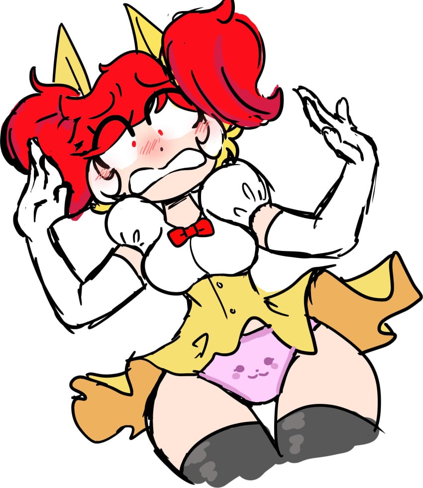 blush bottom_view braixen braixen_(cosplay) clothed humanized pink_panties pokemon pokemon_(species) red_eyes red_hair shocked tagme thigh_highs upskirt yellow_dress