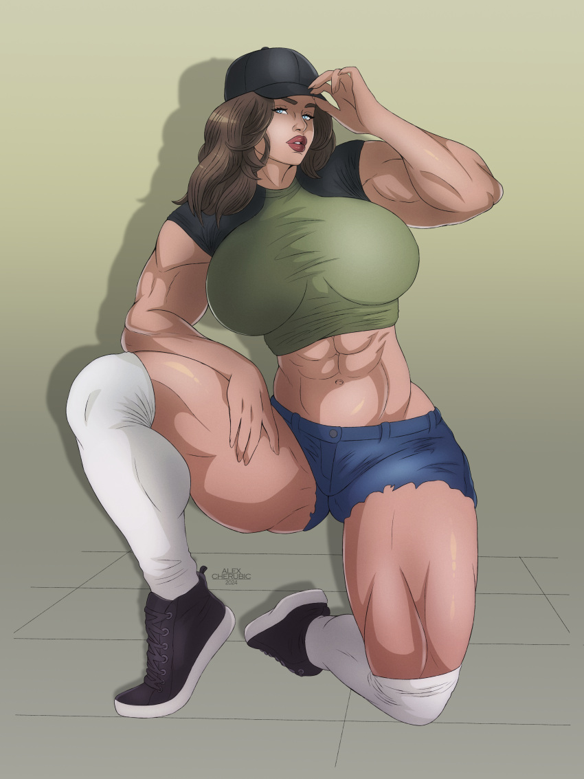 1girls abs alexcherubic baseball_cap big_breasts blue_eyes breasts breasts breasts brown_hair clothing light-skinned_female light_skin long_hair muscle muscles muscular muscular_female original sneakers thick_thighs