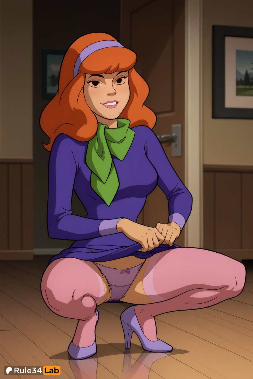 1girls ai_generated alternate_legwear artist_name black_eyes bow bow_panties breasts cartoon_network clothes_lift daphne_blake dress dress_lift full_body ginger ginger_hair green_scarf hairband hanna-barbera hi_res high_heels indoors lifted_by_self lips long_hair long_sleeves looking_at_viewer medium_breasts orange_hair panties parted_lips pink_thighhighs purple_dress purple_footwear purple_hairband purple_thighhighs rule34lab scarf scooby-doo scooby-doo_(character) smile solo spread_legs squatting thighhighs underwear warner_brothers wooden_floor