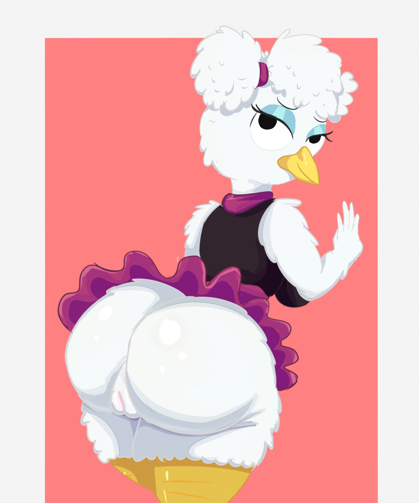 2022 2d 2d_(artwork) 2d_artwork against_surface anthro ass avian big_ass big_butt bird bird_girl chicken chicken_girl chuck_e_cheese_(franchise) clothed clothing digital_art digital_drawing_(artwork) digital_media_(artwork) dress female furry furry_female galliform gallus_(genus) helen_henny maldoando mascot miniskirt phasianid pussy short_skirt simple_background skirt solo thick_thighs