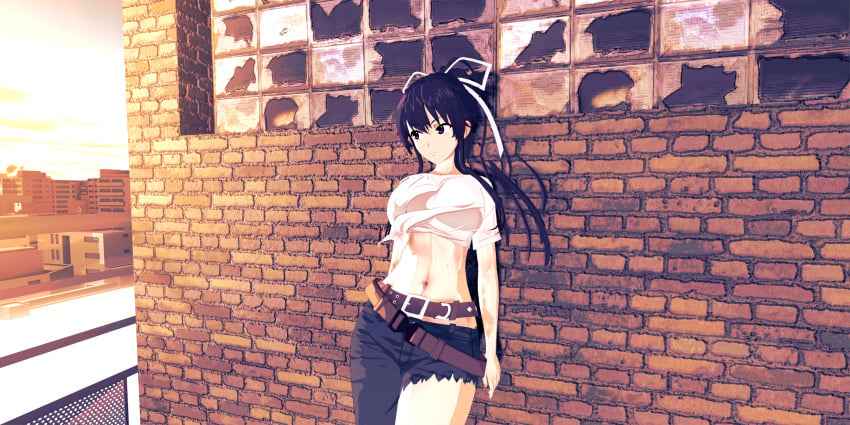 1girls 3d against_wall big_breasts breasts busty female female_only hi_res jeans kanzaki_kaori large_breasts legs looking_at_viewer midriff navel pants ponytail purple_eyes purple_hair solo thighs tied_shirt to_aru_majutsu_no_index torn_clothes very_long_hair