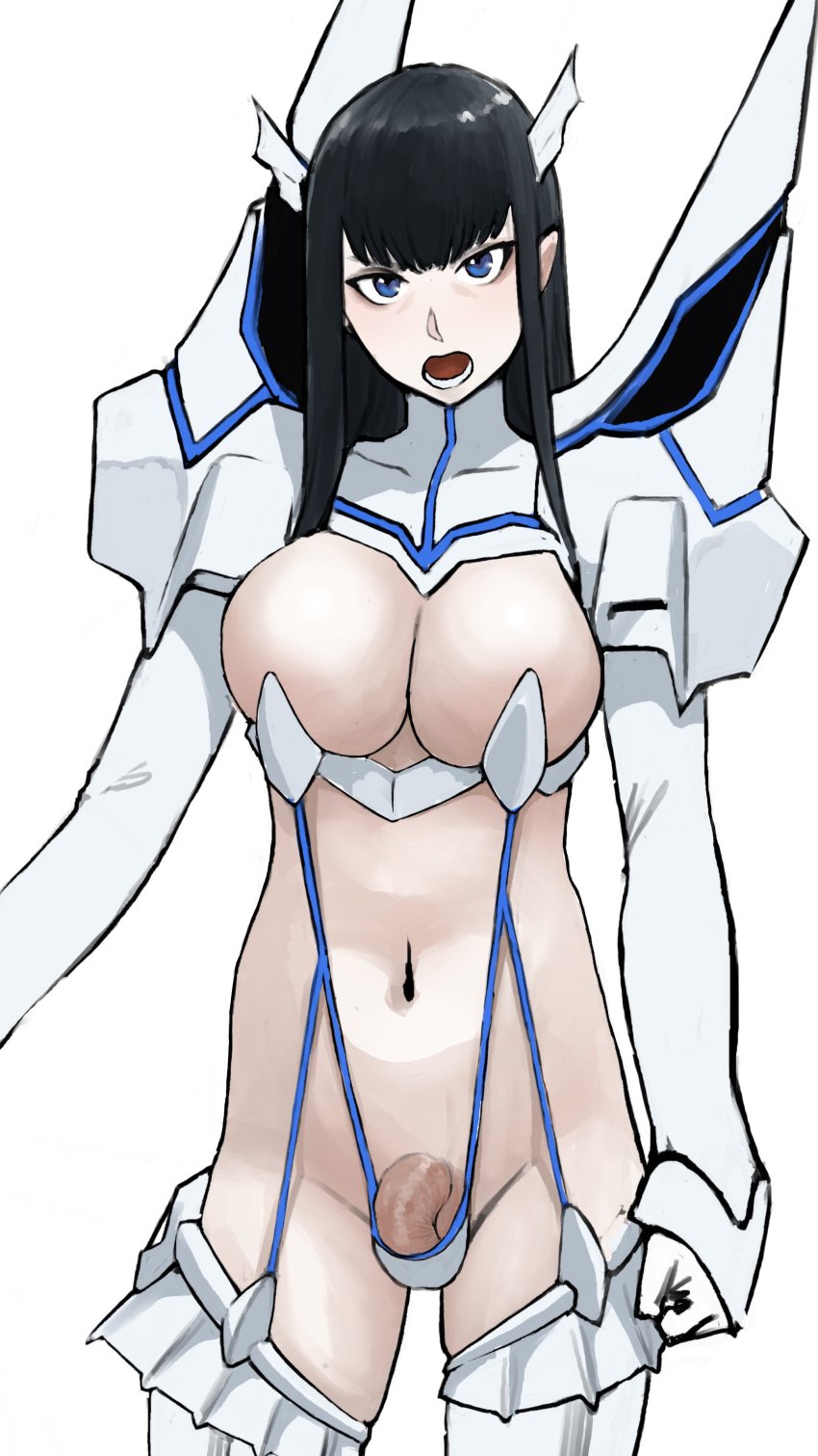 1futa bangs black_hair breasts clothed clothing flaccid futa_only futanari human kill_la_kill kiryuuin_satsuki light-skinned_futanari light_skin long_hair mostly_nude revealing_clothes skinny sling_bikini smooth_penis smzqsk solo standing