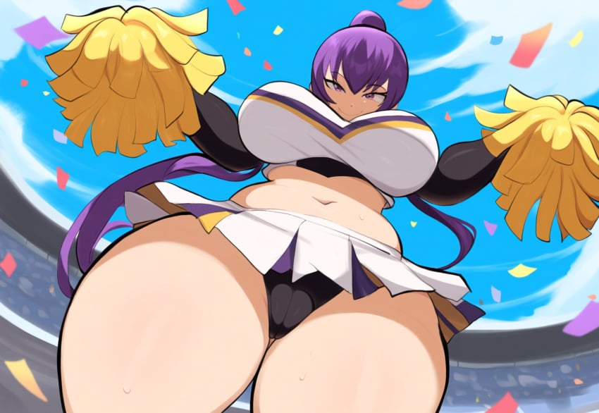 ai_generated cameltoe cheerleader cheerleader_uniform curvaceous female highschool_of_the_dead large_breasts mullon novelai panties pom_poms ponytail public purple_hair saeko_busujima stadium stadium_background thick_thighs