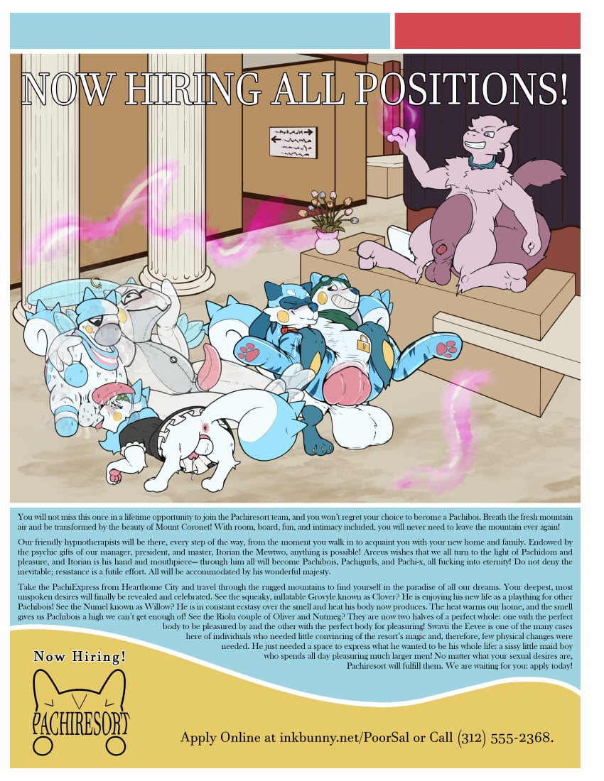 absurd_res advertisement after_transformation anal animal_genitalia animal_penis animate_inanimate anthro anus ball_suck balls big_balls big_penis bodily_fluids brochure canine_genitalia canine_penis chastity_cage chastity_device clothing eevee eeveelution english_text feral floating generation_1_pokemon generation_3_pokemon generation_4_pokemon genitals group group_sex grovyle hi_res huge_balls huge_cock hybrid hybrid_pokemon hyper hyper_balls hyper_genitalia hyper_penis hypnosis inflatable latex legendary_pokemon living_inflatable living_latex lock_bulge lock_symbol maid_uniform male male/male mewtwo mind_control musk nintendo null null_bulge numel oral orgy pachirisu penetration penis pokemon pokemon_(species) poorsal psychic resort ridiculous_fit riolu sex sheath sucking sweat tapering_penis text transformation_through_magic uniform
