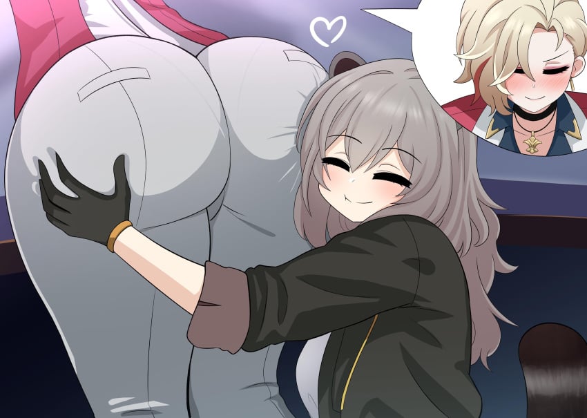 2girls animal_ears animal_tail ass blonde_hair blush closed_eyes fat_ass grey_hair honkai:_star_rail hugging_ass multiple_girls siobhan_(honkai:_star_rail) stelle_(honkai:_star_rail) the_only_shoe trailblazer_(honkai:_star_rail)