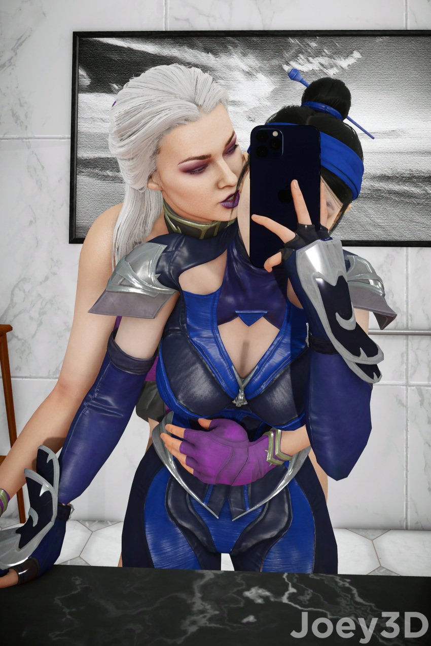 2girls 3d 3d_(artwork) asian asian_female bathroom black_hair clothed daughter hair_ornament honey_select_2 hug_from_behind imminent_kiss incest joey3d_(artist) kitana kitana_(mk11) mortal_kombat mortal_kombat_11 mother mother_and_daughter phone purple_lipstick selfie sindel white_hair yuri