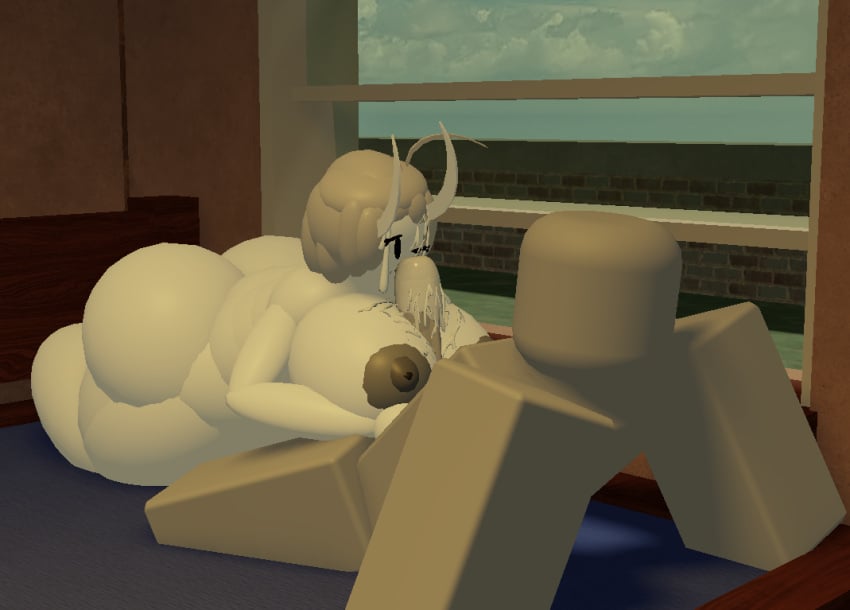 1boy 1girls 3d anonymous_male cum_on_breasts cum_on_face female goofylookin grey_areola grey_hair horns large_areolae liao_(goofy_lookin) male on_bed paizuri paizuri_facial roblox self_upload white_skin winking_at_partner