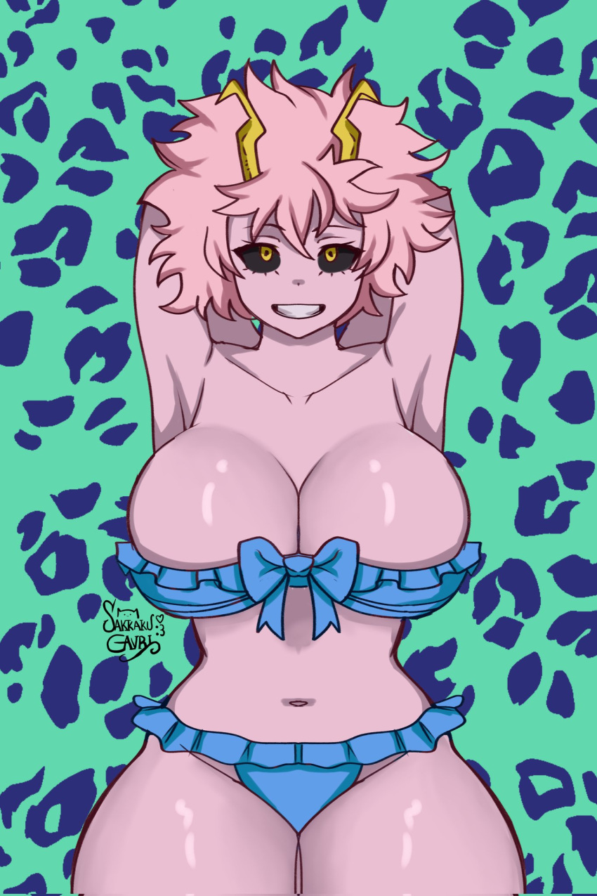 1girls amber_eyes big_breasts bikini black_sclera breasts female huge_breasts large_breasts mina_ashido my_hero_academia pink_hair pink_skin sakkaku_gavrii solo solo_female thick_thighs thighs