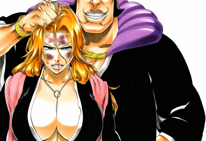 1boy 1girls accurate_art_style accurate_body_type ai_generated angry arms_at_sides behind_another between_breasts black_hair bleach blood blue_eyes bodily_fluids bracelet breasts bruise bruise_on_face busty cel_shading chain chain_necklace cleavage clenched_teeth clothing domination duo duo_focus facing_viewer fat fat_male female front_view grabbing grabbing_another's_hair grin hair_between_eyes hair_grab hair_pull head_out_of_frame high_resolution highres holding_hair huge_breasts injury jewelry large_breasts light-skinned_female light-skinned_male light_skin line_art long_hair looking_at_viewer male maledom manga_style matsumoto_rangiku messy_hair mole mole_under_mouth necklace neckwear no_bra nosebleed oomaeda_marechiyo orange_hair overweight overweight_male pink_neckwear pink_scarf ryona scarf sex shihakusho shinigami shinigami_uniform shiny shiny_hair shiny_skin simple_background size_difference smile taken_from_behind teeth tite_kubo_style traditional_clothes upper_body wafuku watch wavy_hair white_background wristwatch wristwear