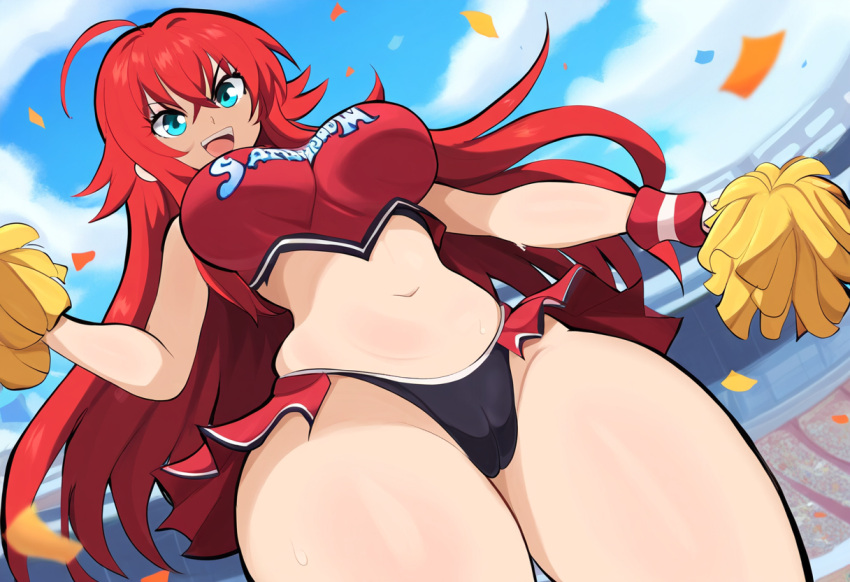 ai_generated cameltoe cheerleader cheerleader_uniform curvaceous female high_school_dxd large_breasts mullon novelai panties pom_poms public red_hair rias_gremory stadium stadium_background thick_thighs