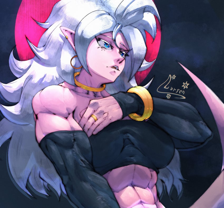 abs android_21 android_21_(good) athletic_female belly_button blue_eyes bracelet collar dragon_ball dragon_ball_fighterz dragon_ball_z elf_ears fit_female jewelry larsengrenbui majin_android_21 muscle_girl muscular_arms muscular_female navel open_mouth pink_skin pointy_ears ring six_pack teeth white_hair