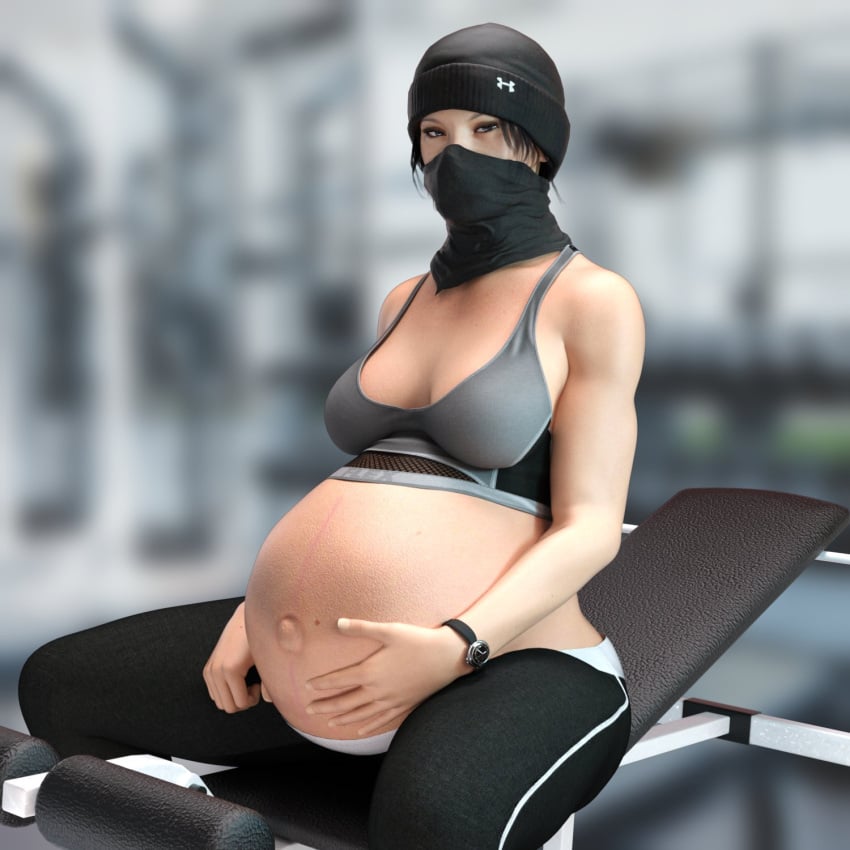 1girls 3d asian asian_female beanie belly big_belly big_breasts black_hair breasts breedingduties cleavage facemask female frost_(rainbow_six) gym outie_navel pregnant rainbow_six rainbow_six_siege short_hair solo solo_female sports_bra