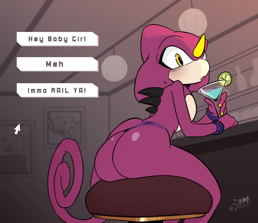 1boy ass ass_focus butt_focus chameleon dialogue espio_the_chameleon femboy looking_at_viewer looking_back looking_back_at_viewer male male_only scalie solo solo_male sonic_(series) sonic_the_hedgehog_(series) text toodamncycle