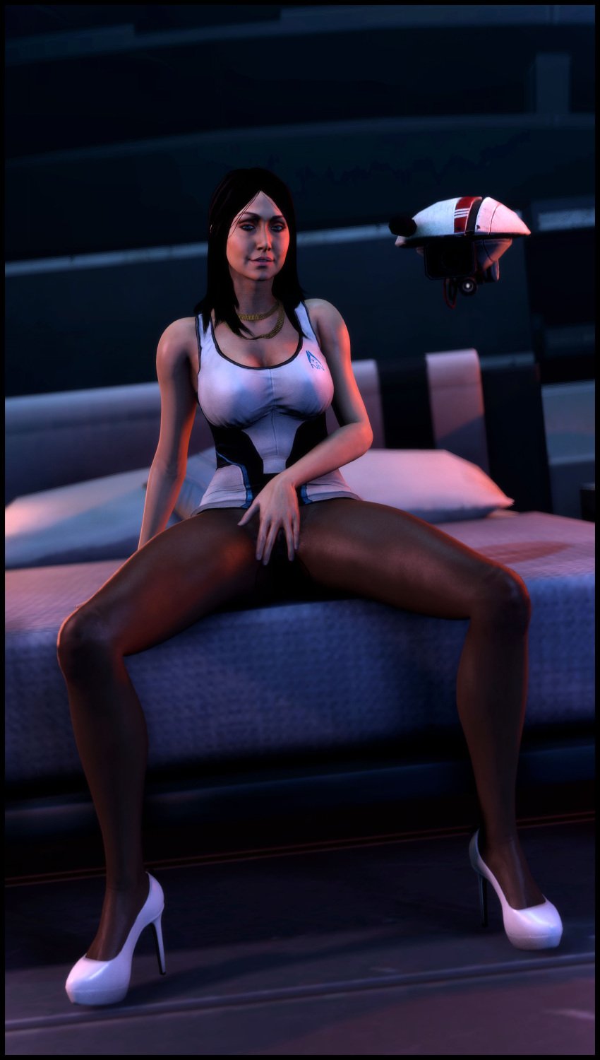 3d 3d_(artwork) clothed diana_allers female female_focus female_only foab34 high_heels human leggings mass_effect spread_legs spreading_pussy