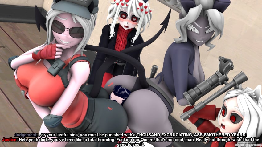 3d_(artwork) ass between_butts big_breasts big_butt blind blush bottomwear breast_grab breasts butt_sniffing canid canid_demon canine cerberus_(helltaker) chair_activities clothed clothing crush demon demon_humanoid digital_media_(artwork) disability dominant dominant_female english_text eyewear face_in_ass facesitting female group group_sex hair hand_on_breast hand_on_chin headgear heart_eyes heart_symbol hearts_around_head hellhound helltaker hi_res holding_breast horn horned_humanoid humanoid judgement_(helltaker) justice_(helltaker) male male/female mammal modeus_(helltaker) mythological_canine mythological_creature mythology not_furry onomatopoeia open_mouth panties pinned pinned_by_butt protagonist_(helltaker) punishment punishment_sex red_eyes sandwich_position sex shirt shocked shorts sitting_on_another smothering sniffing sound_effects source_filmmaker_(artwork) spade_tail suit sunglasses tail tank_top text threesome tinted_eyewear topwear trio underwear voyeur_pov white_body white_eyes white_hair