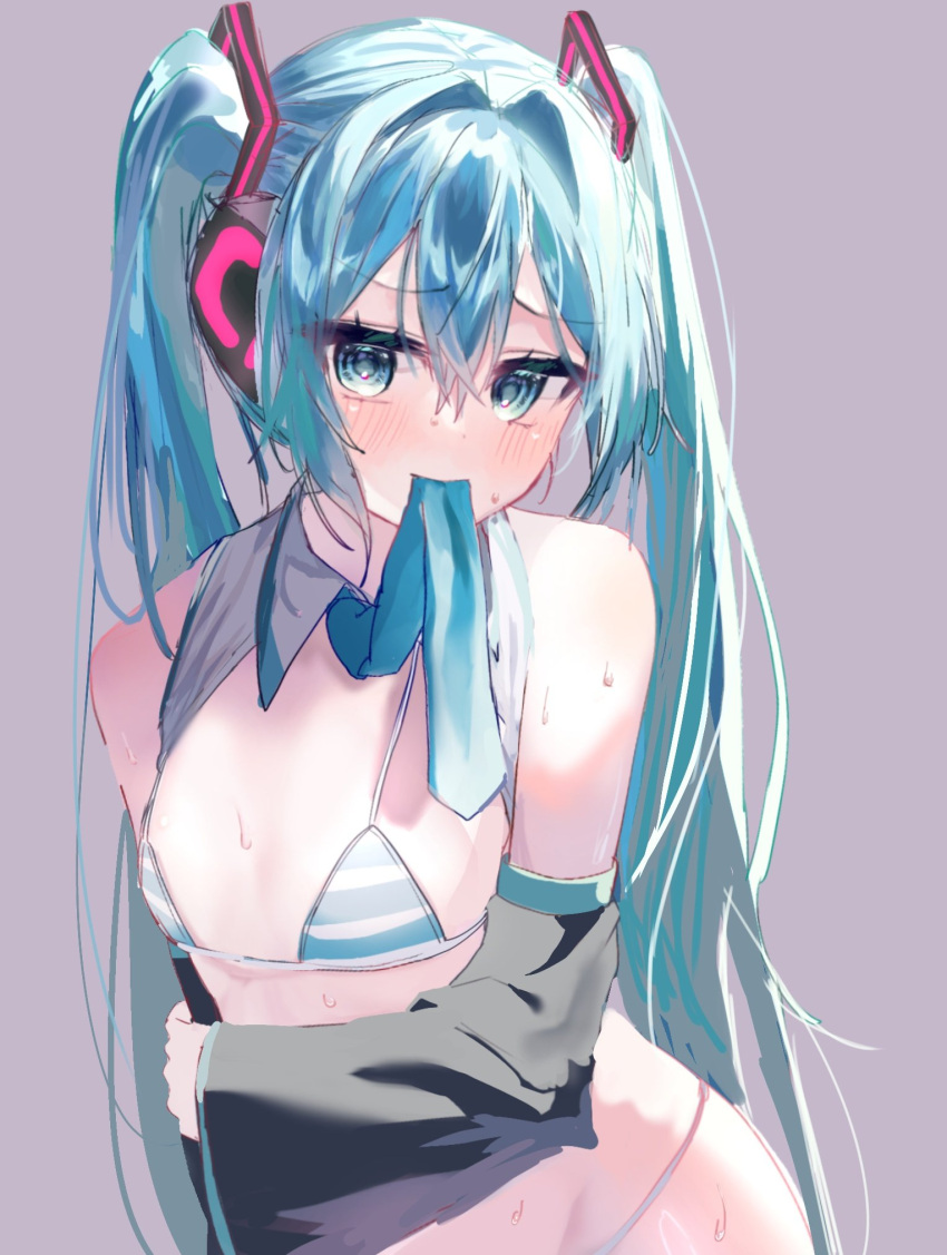 artist_request blue_eyes blue_hair blush bra collared_bikini hatsune_miku hatsune_miku_(collared_bikini) meme_attire nervous small_breasts striped_bikini sweat tie twintails vocaloid