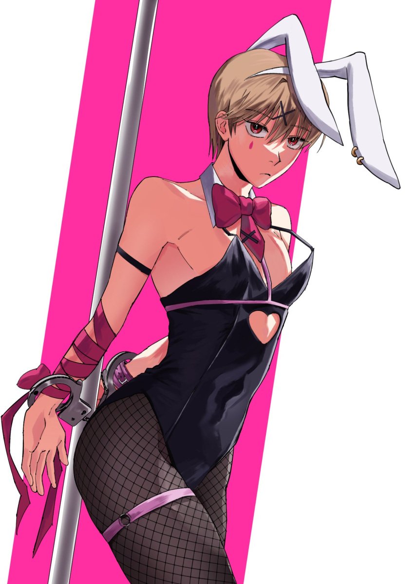 alternate_costume arms_behind_back brown_hair bunny_boy bunny_ears bunnysuit cosplay crossdressing dagi780 detached_collar femboy fishnets garter gintama hairclip handcuffs harness hatsune_miku_(cosplay) light_brown_hair looking_at_viewer male male_only male_playboy_bunny okita_sougo oversized_breast_cup pantyhose rabbit_hole_(vocaloid) red_eyes restrained ribbon solo stripper_pole will_stetson