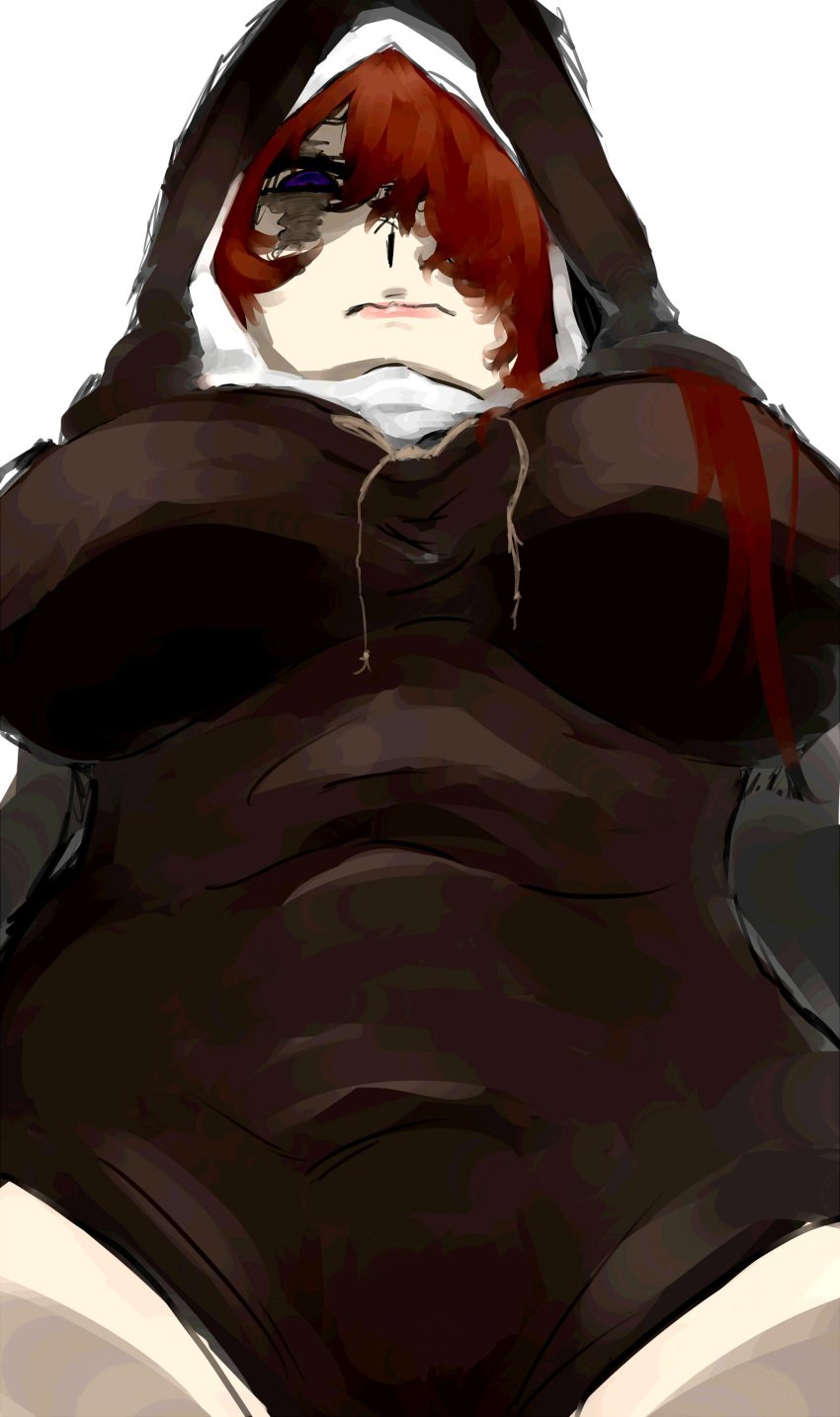 curvaceous curvy_female dark_souls dark_souls_3 embarrassed eye_contact fromsoftware hair_covering_eye large_breasts looking_at_viewer looking_down nun nun_outfit pov pudgy_belly purple_eyes red_hair sister_friede thick_thighs unknown_artist