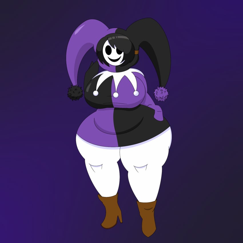 1girls belly big_breasts chubby chubby_female clothed clothing female female_only full_body jester jester_hat jester_outfit mario_(series) original_character shy_gal simple_background solo standing stretched_clothing thick_thighs