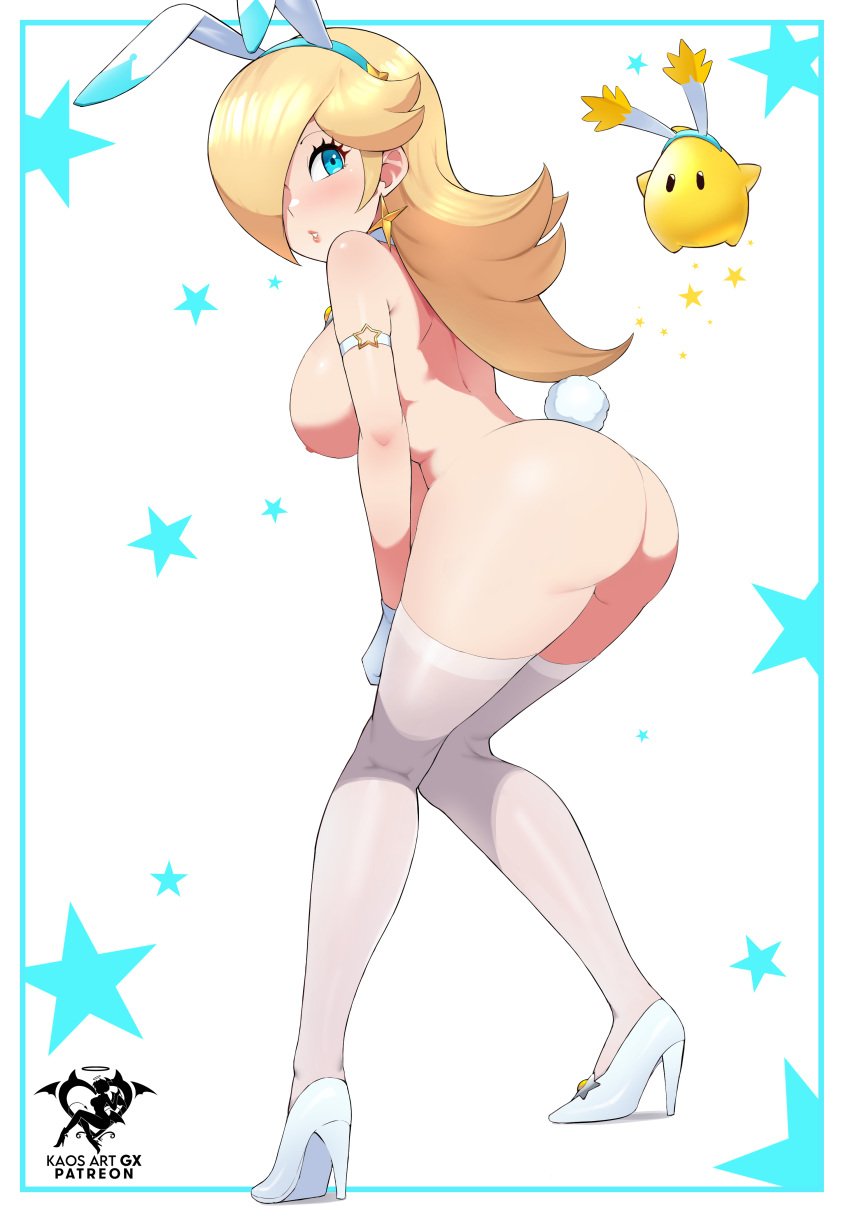 1girls 1other ass big_ass big_breasts blonde_hair blue_eyes blush breasts bunny_ears embarrassed embarrassed_nude_female enf female female_focus full_body gloves hair_over_one_eye high_heels kaos_art large_ass legwear looking_back luma mario_(series) nintendo nipples nude platinum_blonde_hair princess_rosalina standing star_bunny_(cosplay) super_mario_galaxy thighhighs