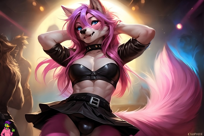 1futa abs ai_generated anthro arms_behind_head blue_eyes breasts bulge club dancing fluffy_tail furry futanari leather leather_clothing leather_outfit leather_skirt medium_breasts party pink pink_fur pink_hair rave rxmurloc34 skirt solo_focus thong tube_top wolf wolf_girl yiff