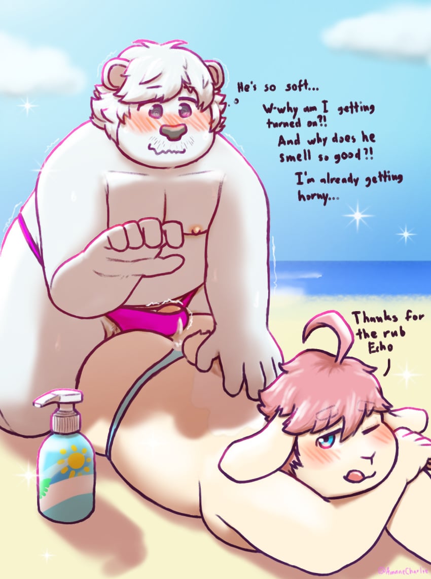 ahoge amanekiryuu anthro aroused ass beach bear bikini_thong blep blush bodily_fluids bulge clothing cloud dialogue duo echo_(calahootheyeen) fur genital_fluids hair hi_res hot_dogging joshie_(calahootheyeen) lagomorph leaking_precum leporid lotion lotion_bottle male male/male mammal nipples obese obese_anthro obese_male overweight overweight_anthro overweight_male pink_hair polar_bear precum rabbit rubbing sea sex spiral_eyes swimwear thong tight_clothing tongue tongue_out underwear ursine water white_body white_fur white_hair