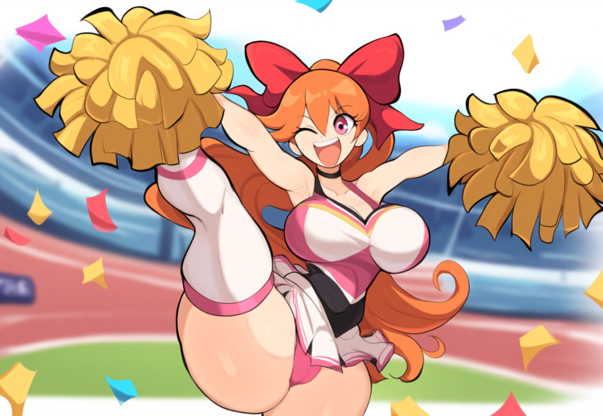 aged_up ai_generated blossom_(powerpuff_girls) cameltoe cartoon_network cheerleader cheerleader_uniform curvaceous female large_breasts legs_up mullon novelai panties pom_poms powerpuff_girls public stadium stadium_background superheroine thick_thighs