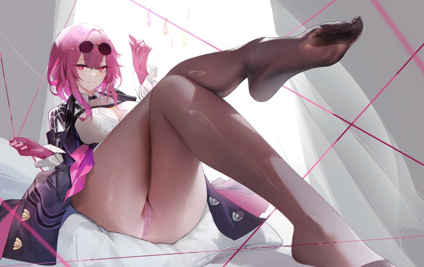 1girls big_breasts boob_window cameltoe clothed feet female female_only glasses_on_head honkai:_star_rail kafka_(honkai:_star_rail) omone_hokoma_agm pantyhose purple_eyes purple_hair pussy solo solo_female