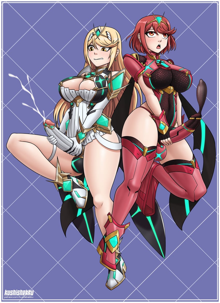 2futas absurdres ahe_gao armor artist_name balls bare_shoulders big_breasts black_gloves blonde_hair blush breasts cleavage closed_mouth clothed clothing clothing_cutout cock_sleeve cum dress duo earrings ejaculation elbow_gloves erection eyelashes fingerless_gloves full_body futa_only futanari gem gloves hair_ornament hairband headpiece highres huge_cock human jewelry kushishekku large_breasts large_penis leotard light-skinned_futanari light_skin long_hair masturbation mostly_clothed mythra mythra_(xenoblade) orgasm penis piercing pyra pyra_(xenoblade) red_eyes red_footwear red_hair red_shorts red_thighhighs shoes short_hair short_shorts short_sleeves shorts side_cutout sidelocks skindentation smile swept_bangs testicles thighhighs tiara turtleneck two-handed_masturbation underbust vambraces very_long_hair white_dressyellow_eyes xenoblade_(series) xenoblade_chronicles_2