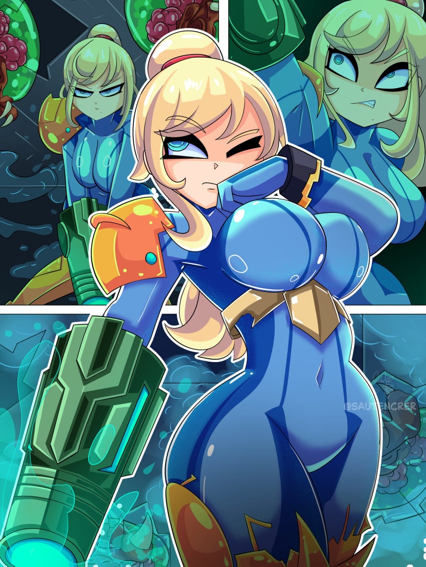 1girls absurd_res absurdres armor artist_name blonde blonde_female blonde_hair blue_eyes bodysuit breasts broken_armor female fully_clothed gun metroid metroid_(creature) panels ponytail power_suit samus_aran sautencrer tagme tight_clothing twitter_username upper_body varia_suit yellow_hair zero_suit zero_suit_samus