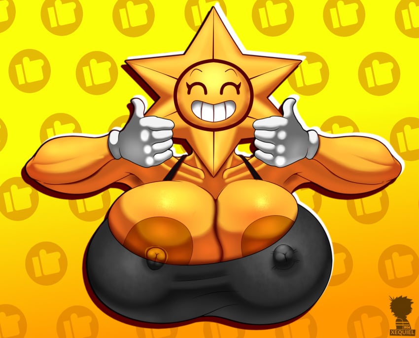 bean_smile brawl_babe brawl_stars huge_breasts nipple_bulge nipple_slip smile starr_drop_(brawl_stars) teeth thumbs_up xequiel