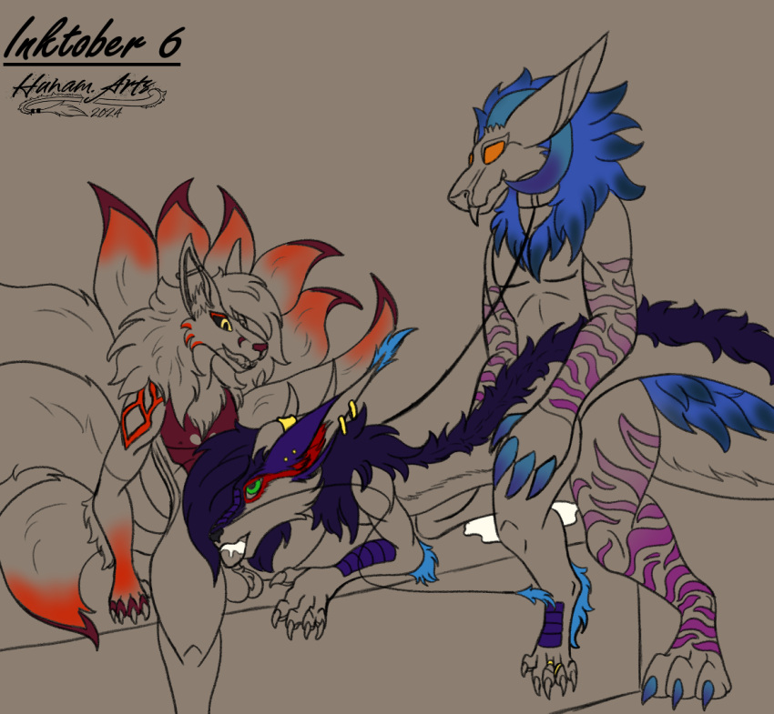 anthro blep canid canine claws collar digital_media_(artwork) dragon eastern_dragon esaeon fellatio fox fox_spirit group horn hunam hunamarts kinktober_2024 leash male male/male mammal markings monster mythological_creature mythological_scalie mythology nine_tail_fox oral penile piercing scalie sex tongue tongue_out trio true_fox wickerbeast