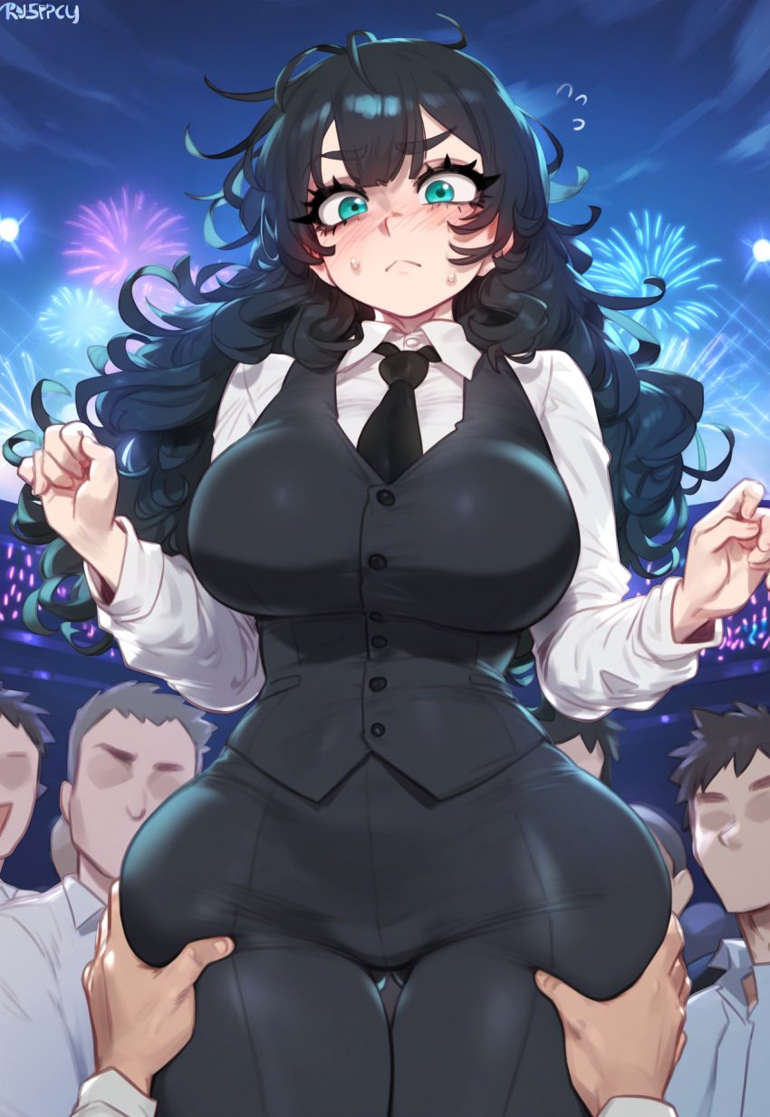 1girls ado ado_(music-artist) ai_generated ass concert festival huge_breasts huge_hips mature_female meiogun skindentation smile