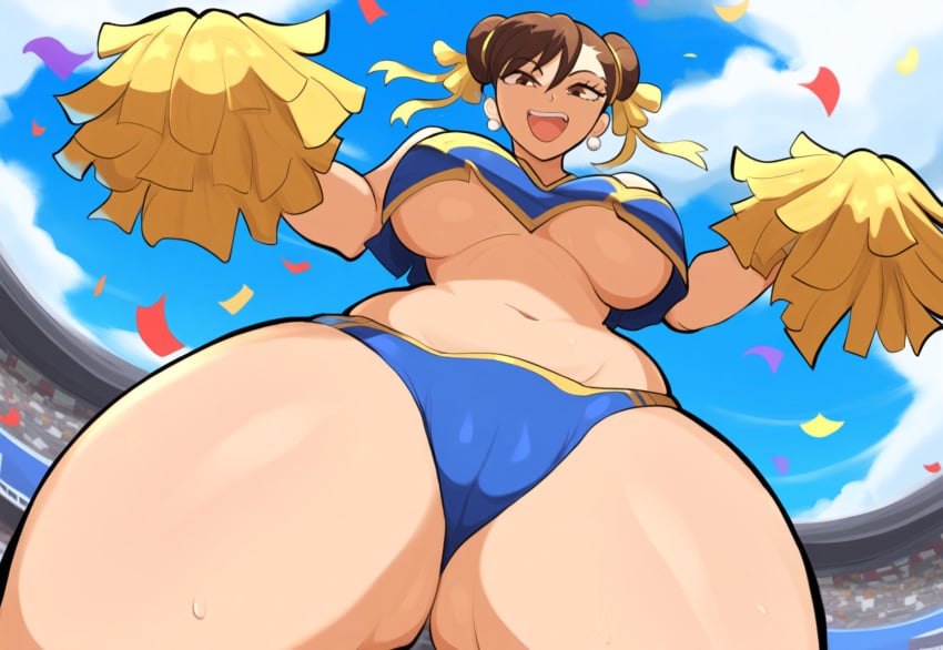 1girls ai_generated cameltoe cheerleader cheerleader_uniform chun-li curvaceous female female_only large_breasts mullon novelai panties pom_poms public solo stadium stadium_background street_fighter thick_thighs underboob